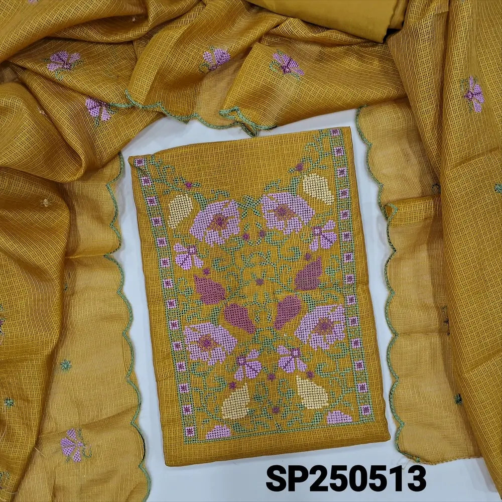 Mehandhi yellow fancy kota silk cotton unstitched salwar material, cross stitch embroidery on yoke(lining needed)matching silky fabric provided for both bottom& lining, embroidered fancy kota silk cotton dupatta with scallop edges. CODE SP250513