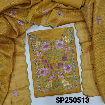 Mehandhi yellow fancy kota silk cotton unstitched salwar material, cross stitch embroidery on yoke(lining needed)matching silky fabric provided for both bottom& lining, embroidered fancy kota silk cotton dupatta with scallop edges. CODE SP250513