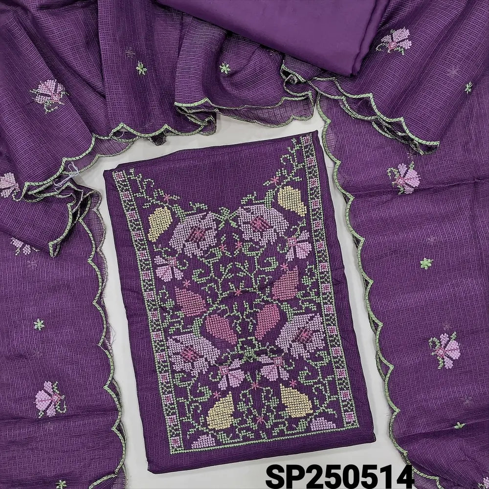 Dark beetroot purple fancy kota silk cotton unstitched salwar material, cross stitch embroidery on yoke(lining needed)matching silky fabric provided for both bottom& lining, embroidered fancy kota silk cotton dupatta with scallop edges. CODE SP250514