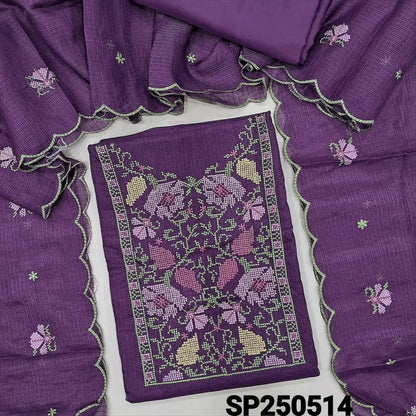 Dark beetroot purple fancy kota silk cotton unstitched salwar material, cross stitch embroidery on yoke(lining needed)matching silky fabric provided for both bottom& lining, embroidered fancy kota silk cotton dupatta with scallop edges. CODE SP250514