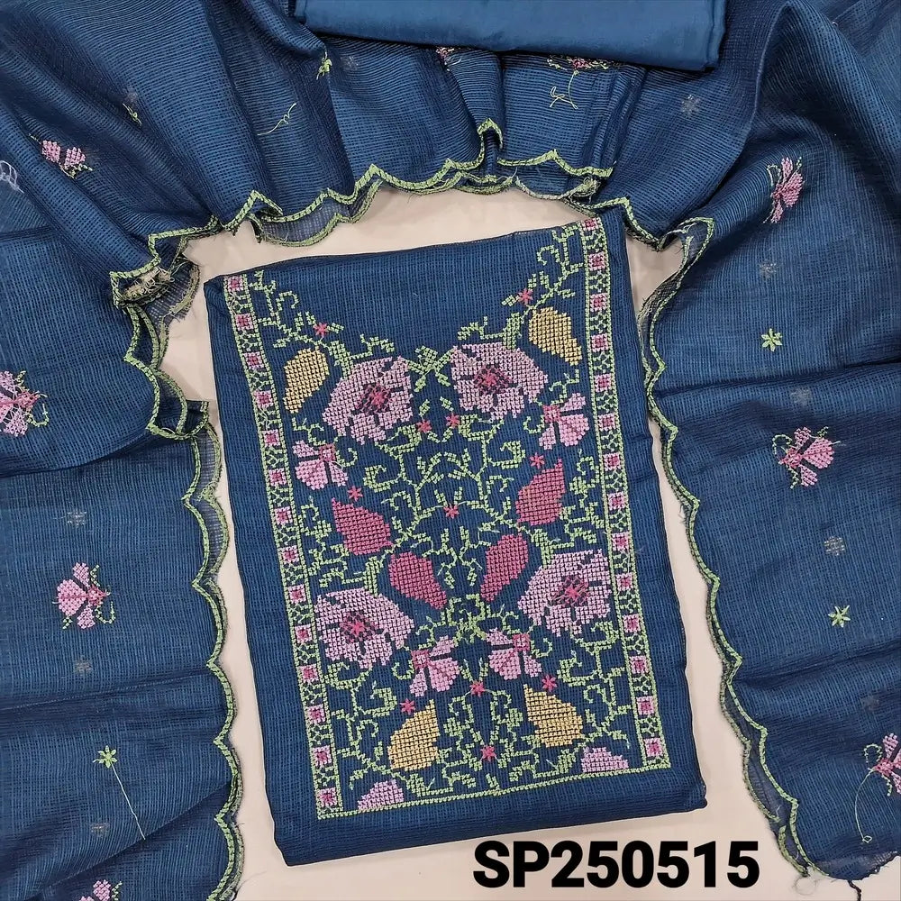 Dark blue fancy kota silk cotton unstitched salwar material, cross stitch embroidery on yoke(thin, lining needed)matching silky fabric provided for both bottom& lining, embroidered fancy kota silk cotton dupatta with scallop edges. CODE SP250515