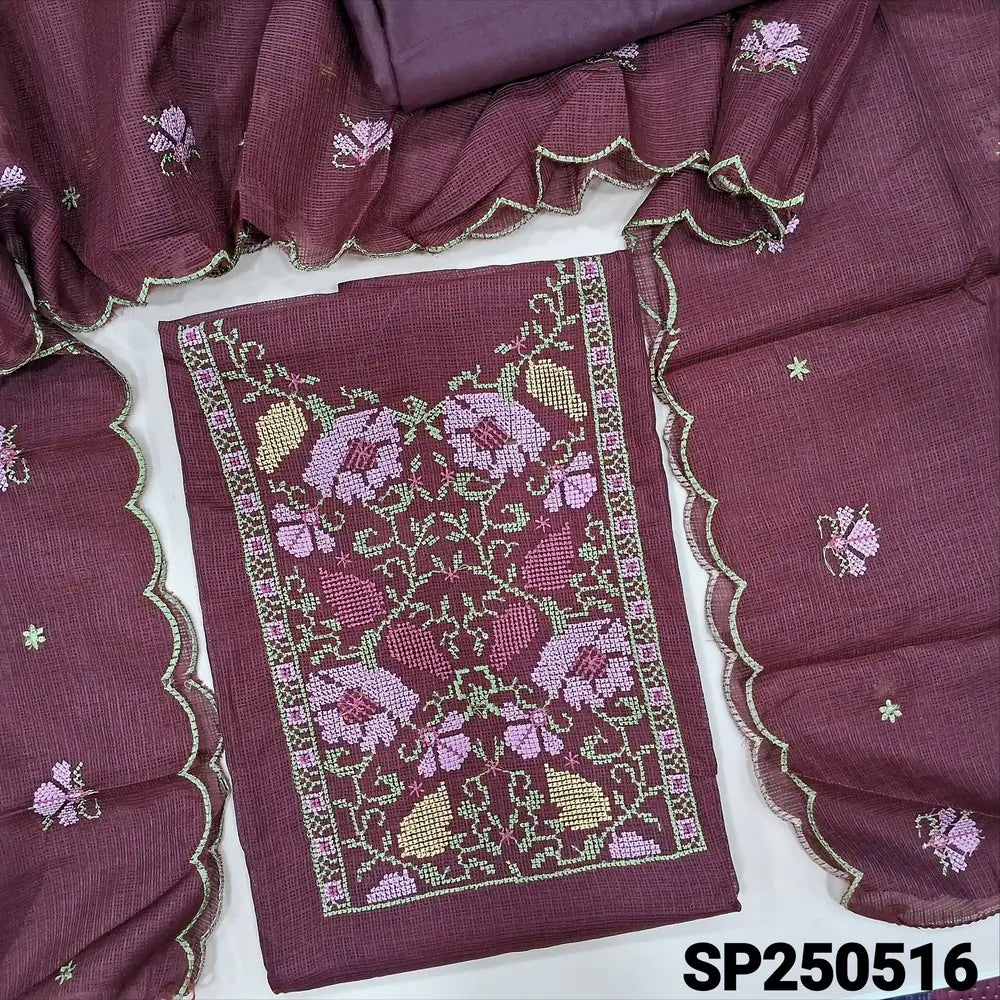 Dark maroon fancy kota silk cotton unstitched salwar material, cross stitch embroidery on yoke(thin, lining needed)matching silky fabric provided for both bottom& lining, embroidered fancy kota silk cotton dupatta with scallop edges. CODE SP250516