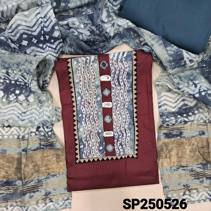 Maroon satin cotton unstitched salwar material, kantha stitch& real mirror work on yoke(lining optional)grey spun cotton bottom, original wax batik dyed dual shaded fancy silk cotton dupatta with gold tissue pallu. CODE SP250526