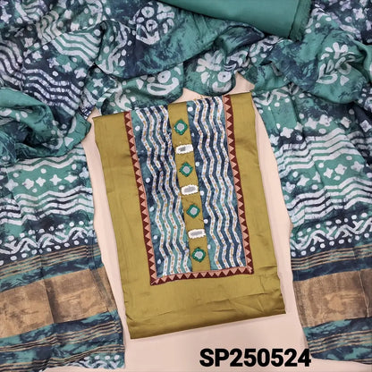 Mehandhi green satin cotton unstitched salwar material, kantha stitch& real mirror work on yoke(lining optional)pastel blue spun cotton bottom, original wax batik dyed dual shaded fancy silk cotton dupatta with gold tissue pallu. CODE SP250524