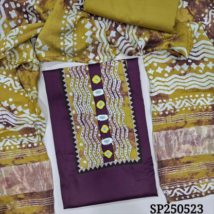 Deep wine purple satin cotton unstitched salwar material, kantha stitch& real mirror work on yoke(lining optional)mehandhi green spun cotton bottom, original wax batik dyed dual shaded fancy silk cotton dupatta with gold tissue pallu. CODE SP250523
