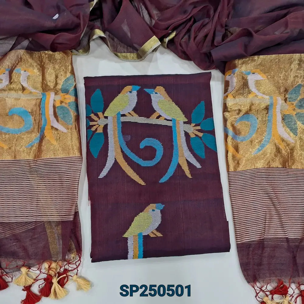 Dark maroon muslin jamdani unstitched salwar material, thread weaving on yoke& front(thin, lining needed)NO BOTTOM, muslin jamdani full length dupatta with gold tissue pallu& paithani weaving. CODE SP250501