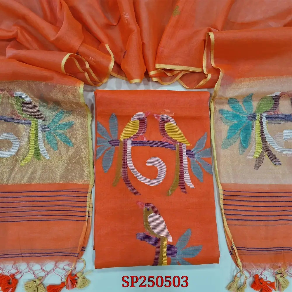 PREORDER: SHIPPING AFTER 1 WEEK Bright orange muslin jamdani unstitched salwar material, thread weaving on yoke& front(thin, lining needed)NO BOTTOM, muslin jamdani full length dupatta with gold tissue pallu& paithani weaving. CODE SP250503
