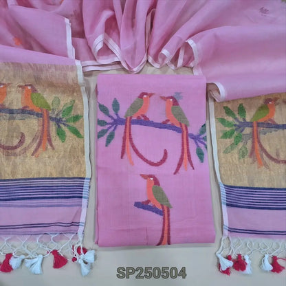 PREORDER: SHIPPING AFTER 1 WEEK Pastel pink muslin jamdani unstitched salwar material, thread weaving on yoke& front(thin, lining needed)NO BOTTOM, muslin jamdani full length dupatta with gold tissue pallu& paithani weaving. CODE SP250504