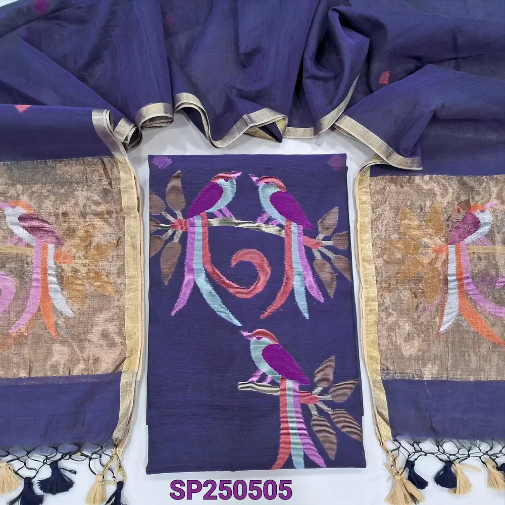 PREORDER: SHIPPING AFTER 1 WEEK Dark blue muslin jamdani unstitched salwar material, thread weaving on yoke& front(thin, lining needed)NO BOTTOM, muslin jamdani full length dupatta with gold tissue pallu& paithani weaving. CODE SP250505
