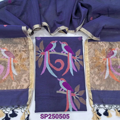 PREORDER: SHIPPING AFTER 1 WEEK Dark blue muslin jamdani unstitched salwar material, thread weaving on yoke& front(thin, lining needed)NO BOTTOM, muslin jamdani full length dupatta with gold tissue pallu& paithani weaving. CODE SP250505