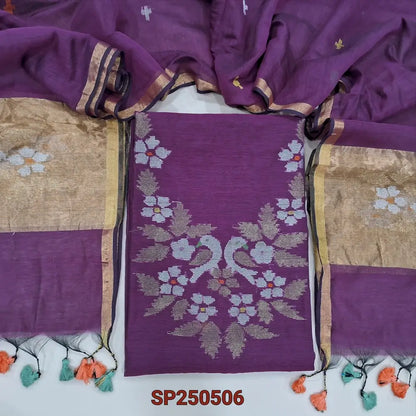 PREORDER: SHIPPING AFTER 1 WEEK Deep wine purple muslin jamdani unstitched salwar material, thread& zari weaving on yoke& front(thin, lining needed)NO BOTTOM, muslin jamdani full length dupatta with gold tissue pallu& paithani weaving. CODE SP250506