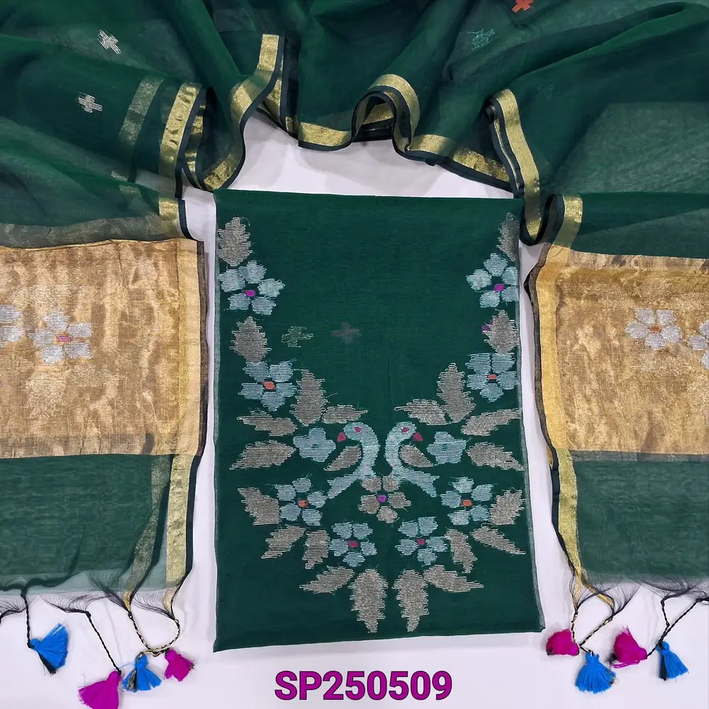 PREORDER: SHIPPING AFTER 1 WEEK Bottle green muslin jamdani unstitched salwar material, thread& zari weaving on yoke& front(thin, lining needed)NO BOTTOM, muslin jamdani full length dupatta with gold tissue pallu& paithani weaving. CODE SP250509