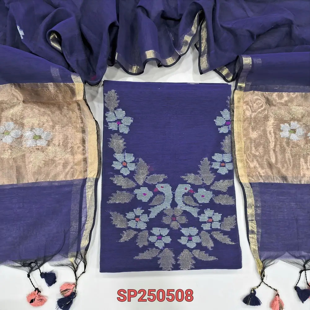 PREORDER: SHIPPING AFTER 1 WEEK Dark blue muslin jamdani unstitched salwar material, thread& zari weaving on yoke& front(thin, lining needed)NO BOTTOM, muslin jamdani full length dupatta with gold tissue pallu& paithani weaving. CODE SP250508