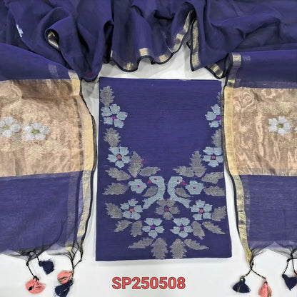 PREORDER: SHIPPING AFTER 1 WEEK Dark blue muslin jamdani unstitched salwar material, thread& zari weaving on yoke& front(thin, lining needed)NO BOTTOM, muslin jamdani full length dupatta with gold tissue pallu& paithani weaving. CODE SP250508
