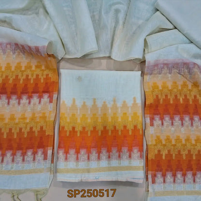 Half white designers silk cotton unstitched salwar material, thread &zari woven on front(thin, lining needed)matching silk cotton bottom, silk cotton dupatta with zari& thread weaving design. CODE SP250517