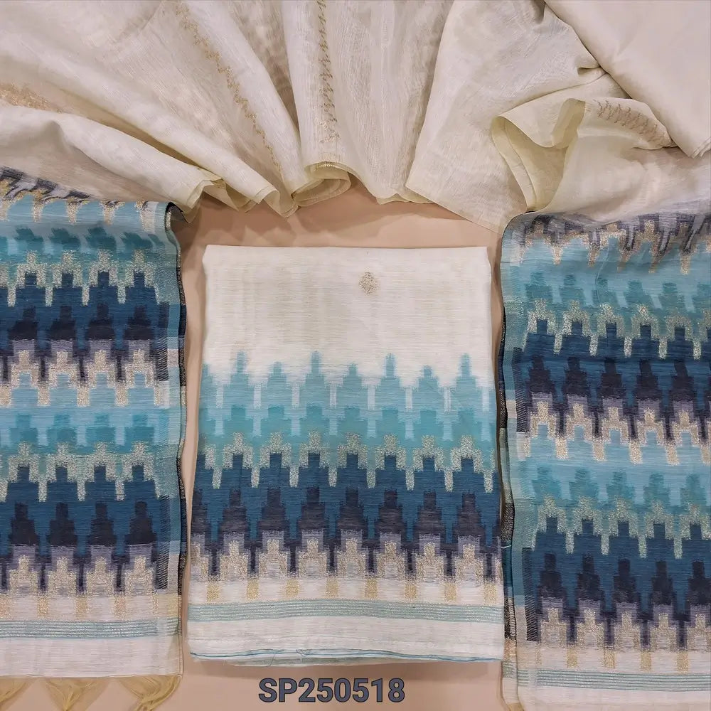 Half white designers silk cotton unstitched salwar material, thread &zari woven on front(thin, lining needed)matching silk cotton bottom, silk cotton dupatta with zari& thread weaving design. CODE SP250518