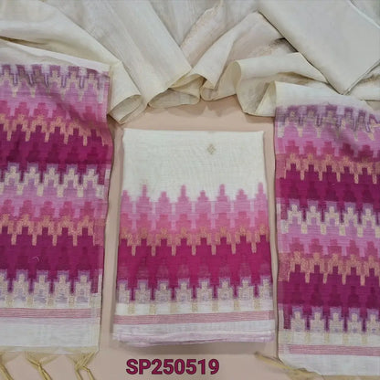 Half white designers silk cotton unstitched salwar material, thread &zari woven on front(thin, lining needed)matching silk cotton bottom, silk cotton dupatta with zari& thread weaving design. CODE SP250519