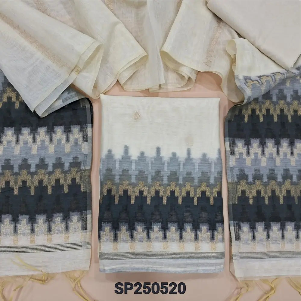 Half white designers silk cotton unstitched salwar material, thread &zari woven on front(thin, lining needed)matching silk cotton bottom, silk cotton dupatta with zari& thread weaving design. CODE SP250520