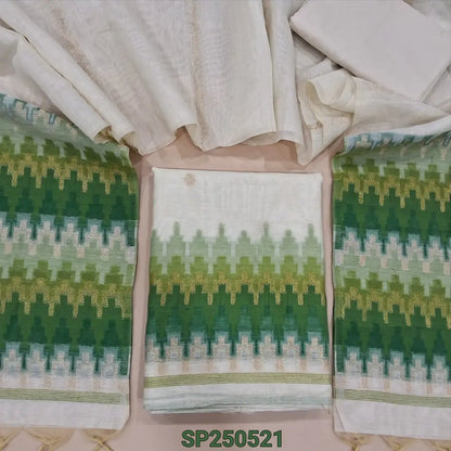 Half white designers silk cotton unstitched salwar material, thread &zari woven on front(thin, lining needed)matching silk cotton bottom, silk cotton dupatta with zari& thread weaving design. CODE SP250521