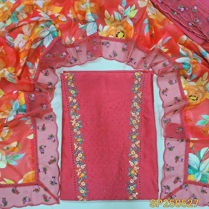 Dark peachish pink pure mul chanderi unstitched salwar material, rich bead work on yoke(thin, lining needed)matching santoon bottom, floral printed organza dupatta with scallop edges. CODE SP250527