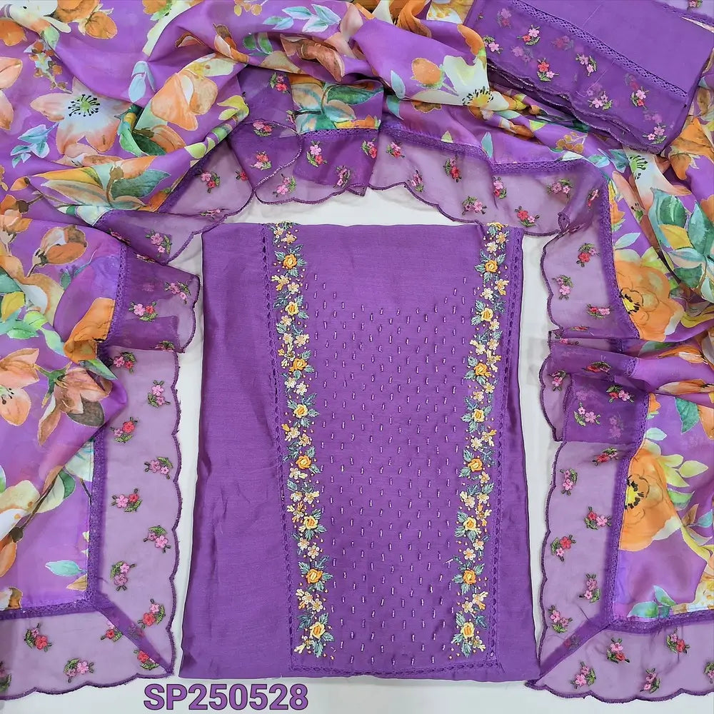 Purple pure mul chanderi unstitched salwar material, rich bead work on yoke(thin, lining needed)matching santoon bottom, floral printed organza dupatta with scallop edges. CODE SP250528