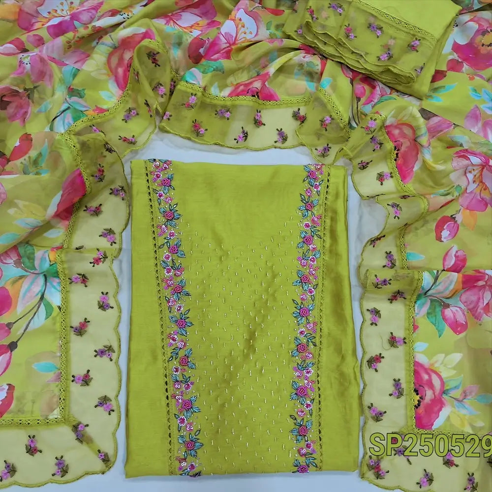 Bright parrot green pure mul chanderi unstitched salwar material, rich bead work on yoke(thin, lining needed)matching santoon bottom, floral printed organza dupatta with scallop edges. CODE SP250529