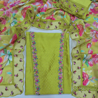 Bright parrot green pure mul chanderi unstitched salwar material, rich bead work on yoke(thin, lining needed)matching santoon bottom, floral printed organza dupatta with scallop edges. CODE SP250529