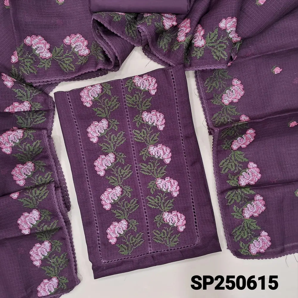Deep wine purple fancy kota silk cotton unstitched salwar material, cut work& cross stitch work on yoke(thin, lining needed)matching silky bottom, embroidered fancy kota silk cotton dupatta with lace tapings. CODE SP250615