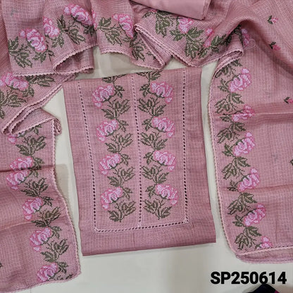 Pastel pink fancy kota silk cotton unstitched salwar material, cut work& cross stitch work on yoke(thin, lining needed)matching silky bottom, embroidered fancy kota silk cotton dupatta with lace tapings. CODE SP250614