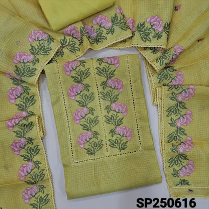 Light greenish yellow fancy kota silk cotton unstitched salwar material, cut work& cross stitch work on yoke(thin, lining needed)matching silky bottom, embroidered fancy kota silk cotton dupatta with lace tapings. CODE SP250616