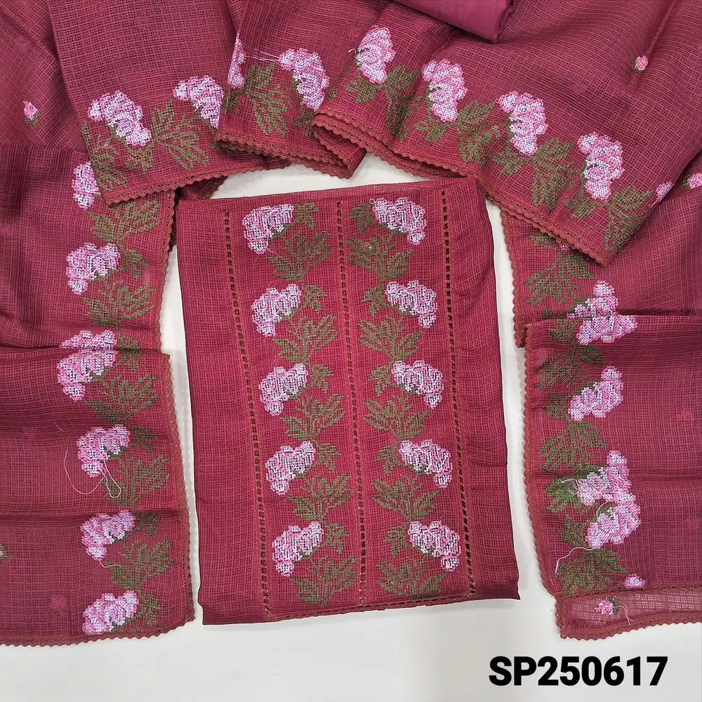 Reddish maroon fancy kota silk cotton unstitched salwar material, cut work& cross stitch work on yoke(thin, lining needed)matching silky bottom, embroidered fancy kota silk cotton dupatta with lace tapings. CODE SP250617