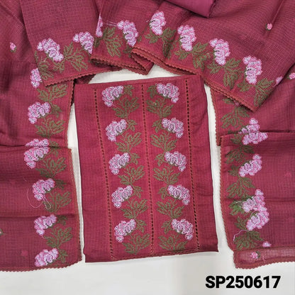 Reddish maroon fancy kota silk cotton unstitched salwar material, cut work& cross stitch work on yoke(thin, lining needed)matching silky bottom, embroidered fancy kota silk cotton dupatta with lace tapings. CODE SP250617