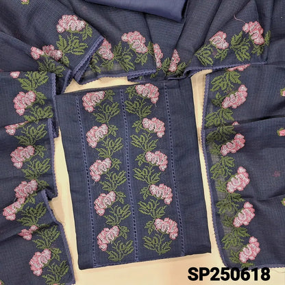 Dark blue fancy kota silk cotton unstitched salwar material, cut work& cross stitch work on yoke(thin, lining needed)matching silky bottom, embroidered fancy kota silk cotton dupatta with lace tapings. CODE SP250618