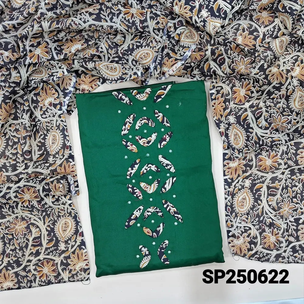 Bottle green satin cotton unstitched salwar material, faux mirror& applique work on daman(lining optional)kalamkari printed pure cotton bottom, kalamkari printed pure mul cotton dupatta. CODE SP250622