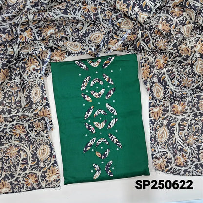 Bottle green satin cotton unstitched salwar material, faux mirror& applique work on daman(lining optional)kalamkari printed pure cotton bottom, kalamkari printed pure mul cotton dupatta. CODE SP250622