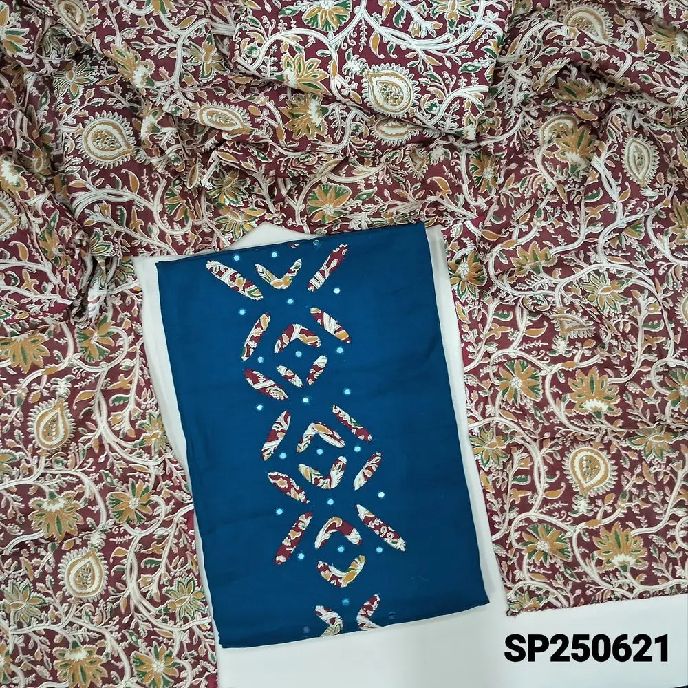 Dark teal blue satin cotton unstitched salwar material, faux mirror& applique work on daman(lining optional)kalamkari printed pure cotton bottom, kalamkari printed pure mul cotton dupatta. CODE SP250621