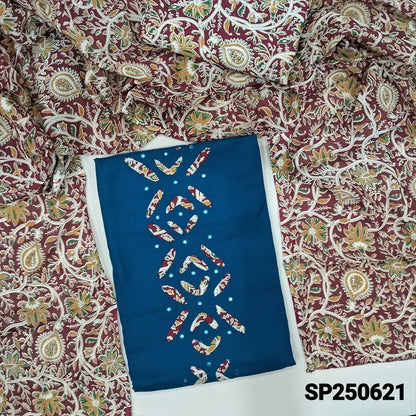 Dark teal blue satin cotton unstitched salwar material, faux mirror& applique work on daman(lining optional)kalamkari printed pure cotton bottom, kalamkari printed pure mul cotton dupatta. CODE SP250621