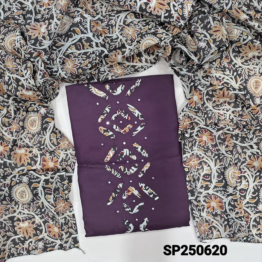 Dark purple satin cotton unstitched salwar material, faux mirror& applique work on daman(lining optional)kalamkari printed pure cotton bottom, kalamkari printed pure mul cotton dupatta. CODE SP250620