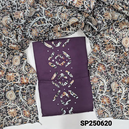 Dark purple satin cotton unstitched salwar material, faux mirror& applique work on daman(lining optional)kalamkari printed pure cotton bottom, kalamkari printed pure mul cotton dupatta. CODE SP250620