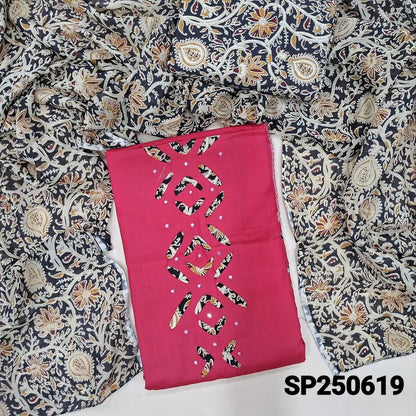 Bright pink satin cotton unstitched salwar material, faux mirror& applique work on daman(lining optional)kalamkari printed pure cotton bottom, kalamkari printed pure mul cotton dupatta. CODE SP250619