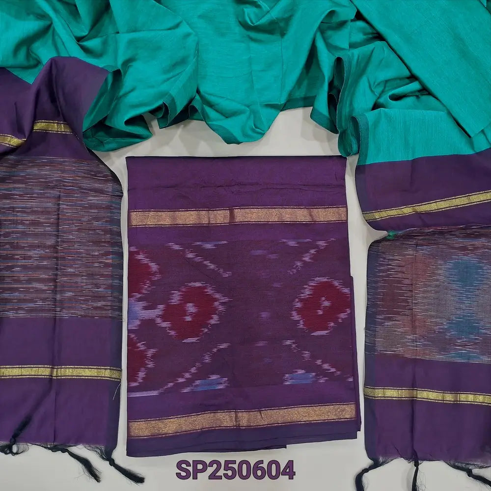 Dark purple silk cotton unstitched salwar material, thread woven design on daman(lining needed)light blue silk cotton bottom, dual shaded silk cotton dupatta. CODE SP250604