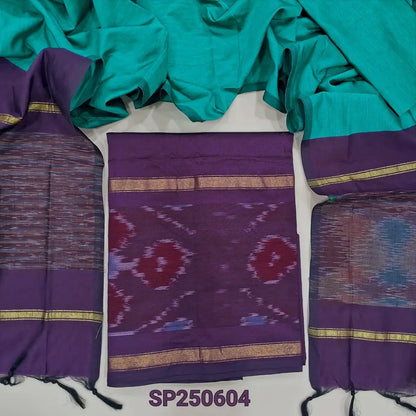Dark purple silk cotton unstitched salwar material, thread woven design on daman(lining needed)light blue silk cotton bottom, dual shaded silk cotton dupatta. CODE SP250604