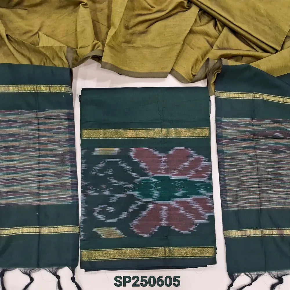 Bright green silk cotton unstitched salwar material, thread woven design on daman(lining needed)mehandhi green silk cotton bottom, dual shaded silk cotton dupatta. CODE SP250605