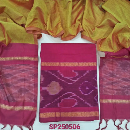 Bright pink silk cotton unstitched salwar material, thread woven design on daman(lining needed)mehandhi yellow silk cotton bottom, dual shaded silk cotton dupatta. CODE SP250606