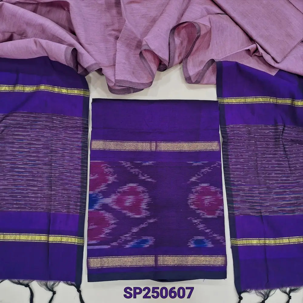 Dark purplish blue silk cotton unstitched salwar material, thread woven design on daman(lining needed)pastel pink silk cotton bottom, dual shaded silk cotton dupatta. CODE SP250607