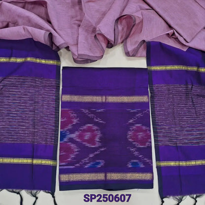 Dark purplish blue silk cotton unstitched salwar material, thread woven design on daman(lining needed)pastel pink silk cotton bottom, dual shaded silk cotton dupatta. CODE SP250607