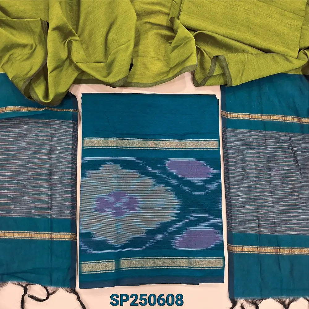 Dark teal blue silk cotton unstitched salwar material, thread woven design on daman(lining needed)light green silk cotton bottom, dual shaded silk cotton dupatta. CODE SP250608