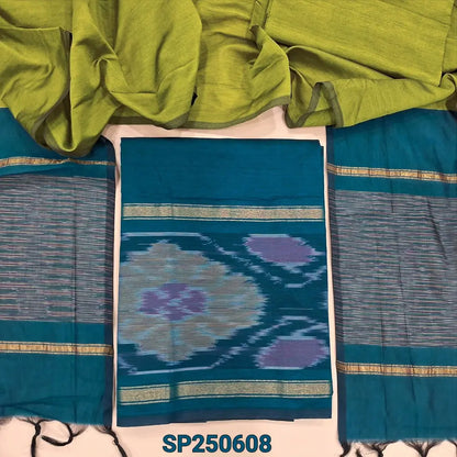Dark teal blue silk cotton unstitched salwar material, thread woven design on daman(lining needed)light green silk cotton bottom, dual shaded silk cotton dupatta. CODE SP250608