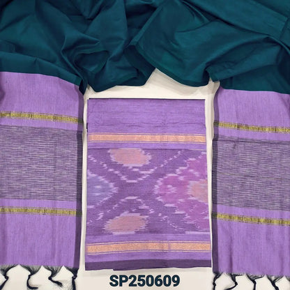 Light purple silk cotton unstitched salwar material, thread woven design on daman(lining needed)dark teal blue silk cotton bottom, dual shaded silk cotton dupatta. CODE SP250609