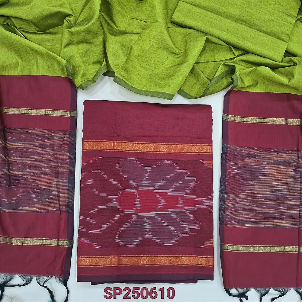Dark maroon silk cotton unstitched salwar material, thread woven design on daman(lining needed)light green silk cotton bottom, dual shaded silk cotton dupatta. CODE SP250610